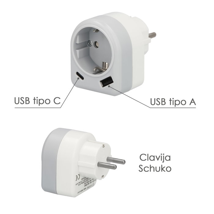 MAURER Adaptateur Schuko avec 2 prises, 1 USB-A et 1 USB-C