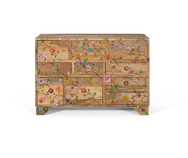 GINER Y COLOMER Commode en bois de manguier massif avec 10 tiroirs de différentes tailles et décoration de fleurs peintes à la main - Couleur naturel