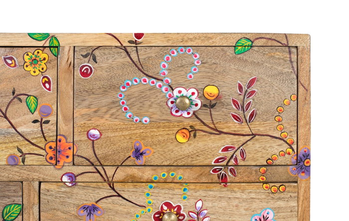 GINER Y COLOMER Commode en bois de manguier massif avec 10 tiroirs de différentes tailles et décoration de fleurs peintes à la main - Couleur naturel