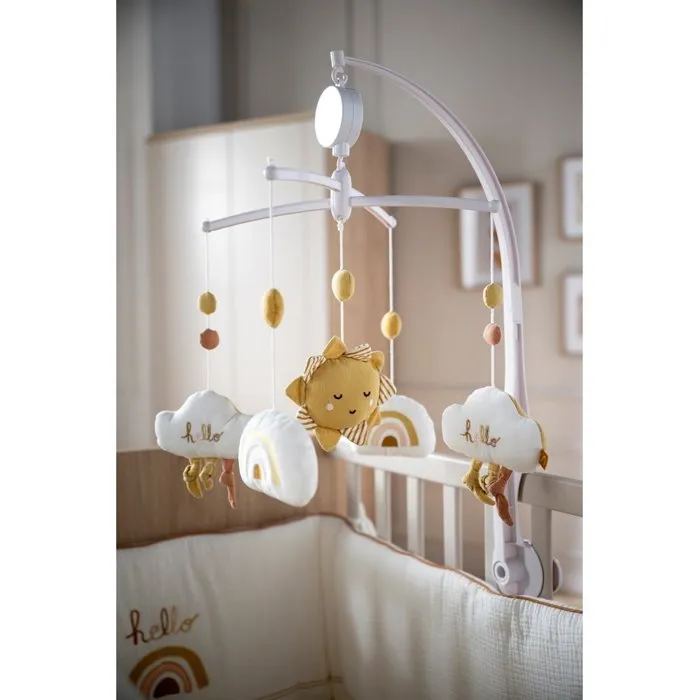 Sauthon SUNLIGHT Mobile Musical Bébé avec Mélodie Douce, Soleil et Nuage, Éléments Lavables - Mobile Décoratif pour Chambre
