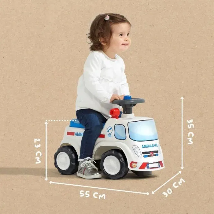 FALK - Porteur Ambulance Jouet avec Siège Ouvrant et Klaxon, Voiture à Pousser pour Enfants dès 12 Mois, Rouge - Fabriqué en France