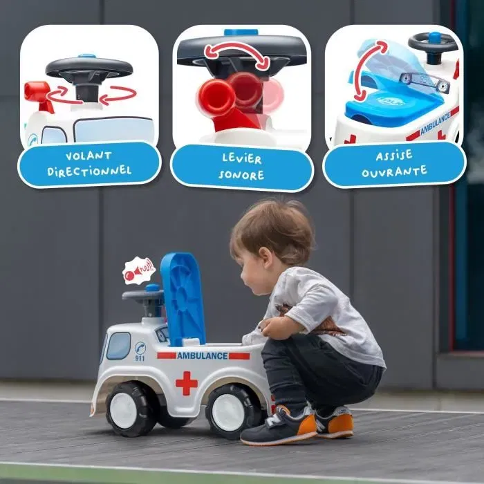 FALK - Porteur Ambulance Jouet avec Siège Ouvrant et Klaxon, Voiture à Pousser pour Enfants dès 12 Mois, Rouge - Fabriqué en France