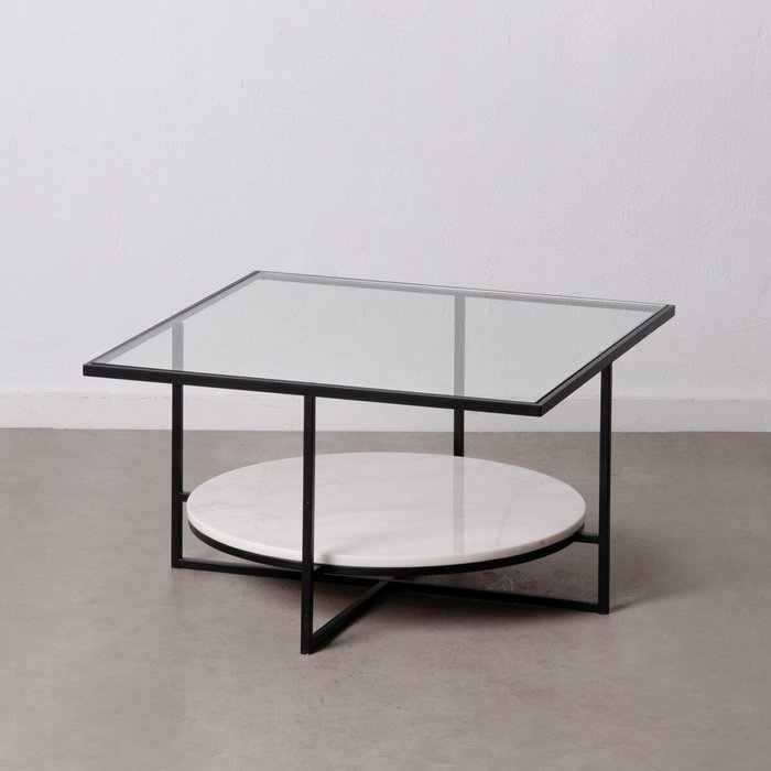 BigBuy Home Table Basse Blanc Noir Verre Marbre Fer 80 x 80 x 46,5 cm