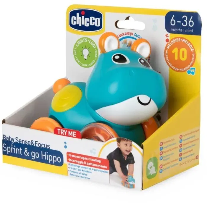 Chicco Hippo Sprint&go - Trotteur interactif avec sons, lumières et mouvements de tête pour bébé de 6 mois - Bleu et orange