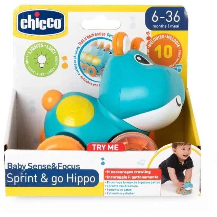 Chicco Hippo Sprint&go - Trotteur interactif avec sons, lumières et mouvements de tête pour bébé de 6 mois - Bleu et orange