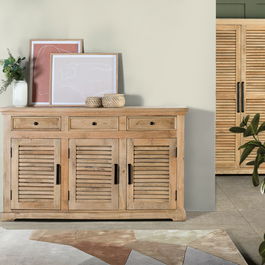 GINER Y COLOMER Buffet en Bois de Mango Massif 3 Portes 3 Tiroirs - 150x90x40 cm - Teinte Naturelle - Meuble de Rangement Rustique