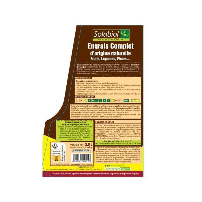 SOLABIOL - Engrais complet liquide universel 2,5 L pour tous types de cultures - Permet de produire jusqu'à 250 L de solution nutritive
