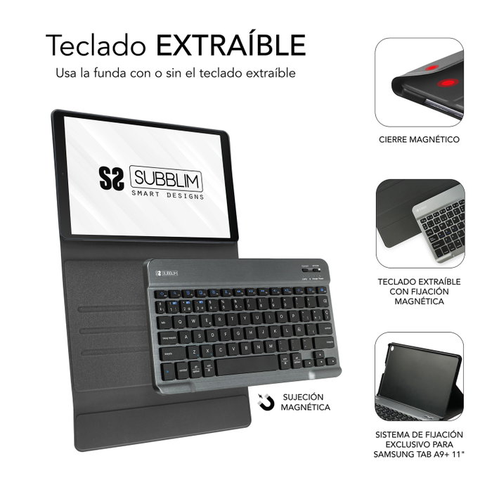 Subblim Keytab Pro Housse + Clavier sans Fil Bluetooth 5.2 AZERTY Espagnol pour Samsung Galaxy Tab A9+ 11" Noir