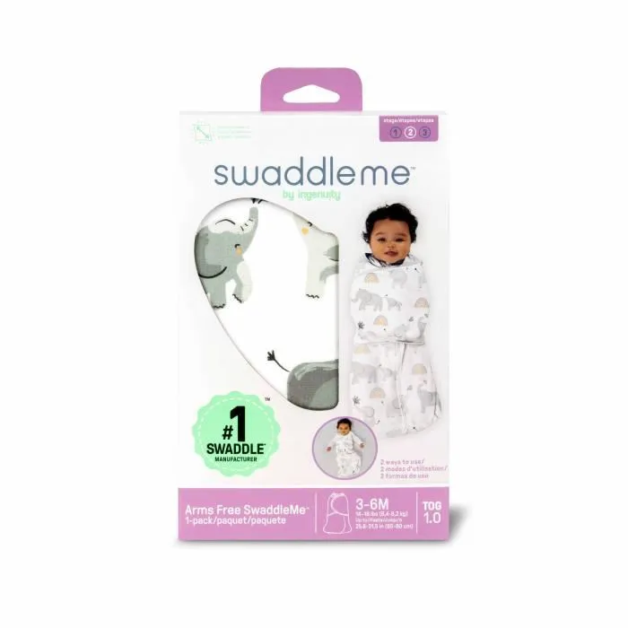 Ingenuity Gigoteuse d'Emmaillotage Evolutive SwaddleMe Arms Free, Convertible, TOG 1 Mi-Saison, Taille 3 a 6 Mois (14-18 lb/30 pouces), Certifie Oeko-Tex, Motif Elephant