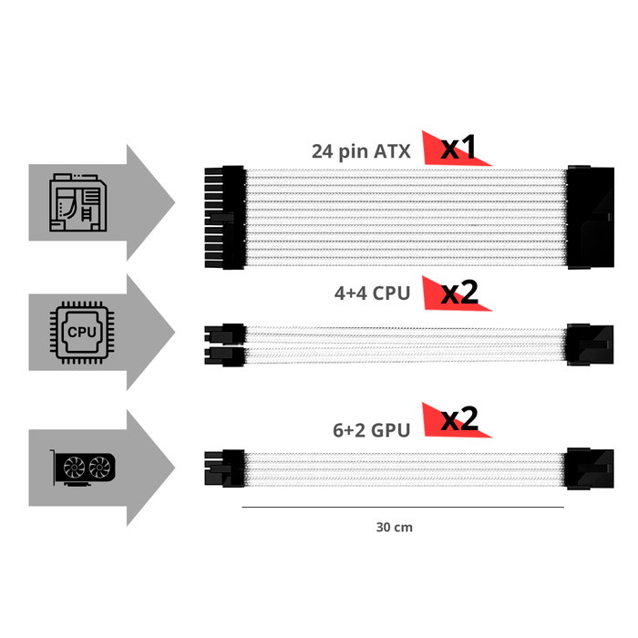 Phoenix Technologies Kit d'Extension de Câbles ATX 24 broches CPU 2x8 PCIe 2x8 18AWG 30cm pour PC Gaming