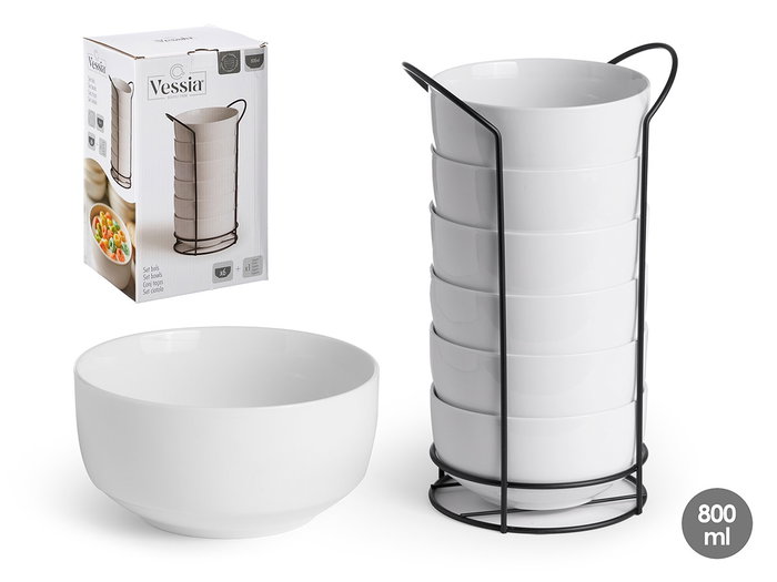 Vessia Set de 6 Bols Ronde Lisse en Porcelaine avec Support 800 ml 19x31x16 cm Blanc (Set de 6) Vessia Set de 6 Bols Ronde Lisse en Porcelaine avec Support 800 ml 19x31x16 cm Blanc (Set de 6)