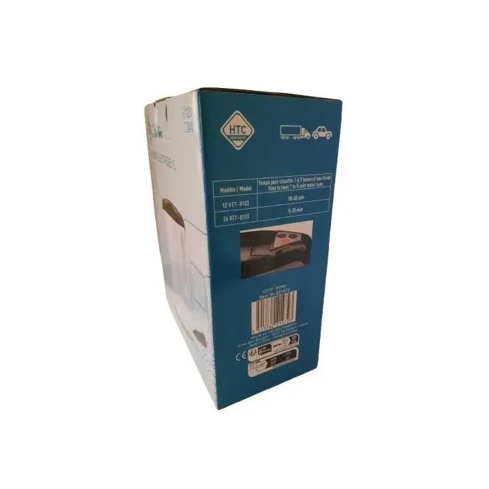 HTC Equipement Bouilloire électrique 1 litre 12V/170W pour véhicule, corps blanc, couvercle noir, bec verseur, arrêt automatique, cordon allume-cigare