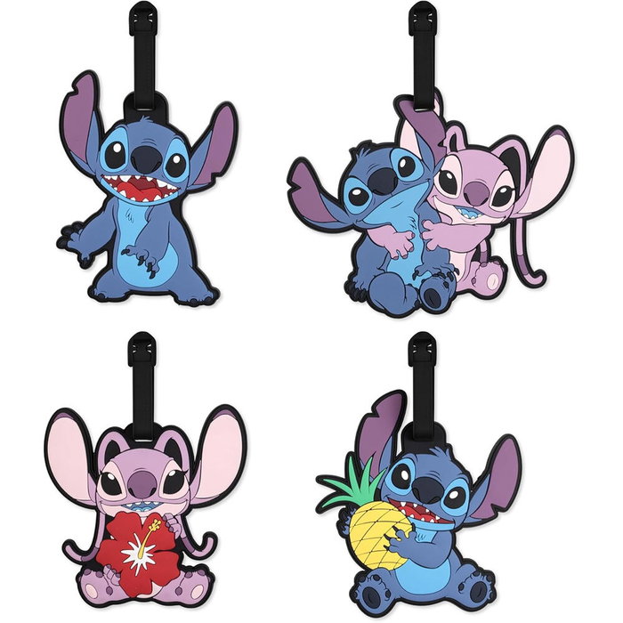 Disney Set de 4 Étiquettes de Bagage Angel & Stitch en Silicone de Haute Qualité - Résistantes et Durables
