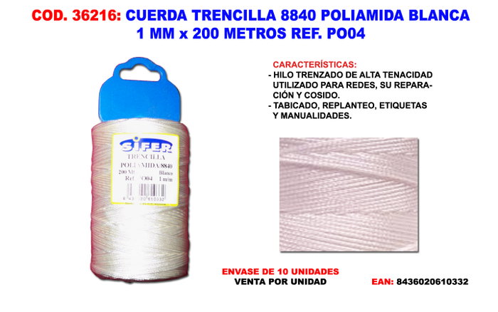 Cordelette tressée 8840 Polyamide/Nylon blanche 1mm x 200m Cordelette tressée 8840 Polyamide/Nylon blanche 1mm x 200m