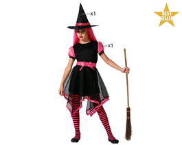 Disfraz Infantil Déguisement Enfant Sorcière Rose et Noir avec Jupe Irrégulière et Chapeau Pointu - Taille 10-12 Ans - Halloween