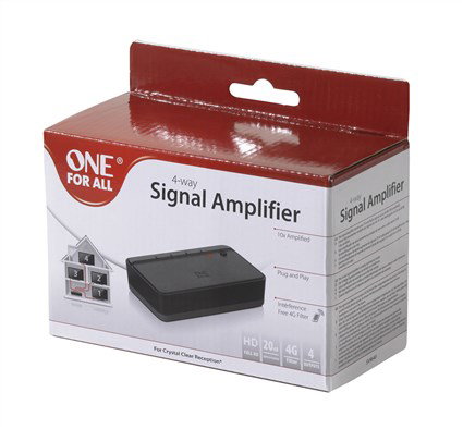 One For All SV9640 - Amplificateur de signal TV/Radio 20 dB - 1 entrée / 4 sorties - Filtre 3G/4G intégré - Pour antenne TNT et câble