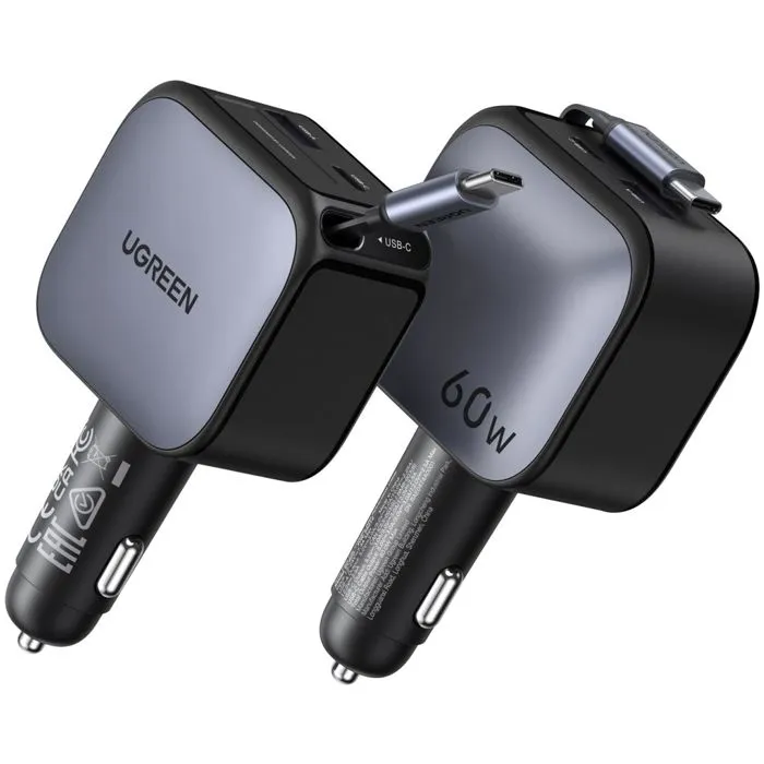 Ugreen Chargeur Voiture 60W avec Ports USB-A et USB-C Rétractable Noir - Recharge Rapide pour Smartphone, Tablette et PC Portable