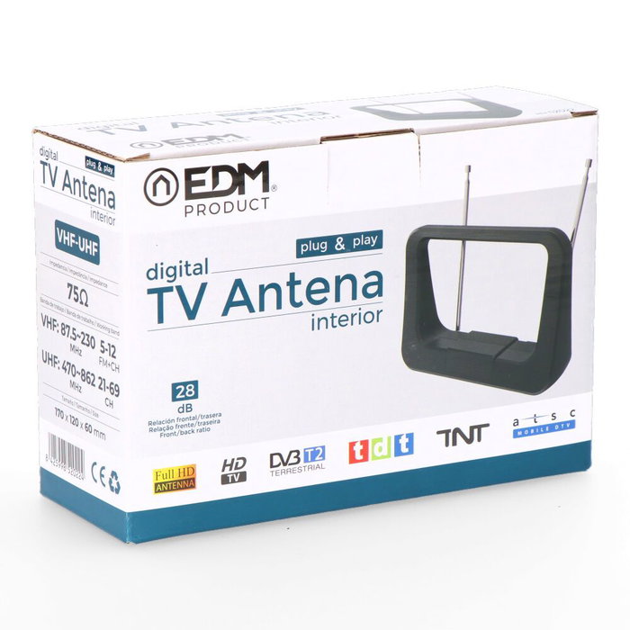 Edm Antenne UHF intérieure TV 470-862 MHz Classic Series 170x120x60mm VHF FM+CH 28dB Noir
