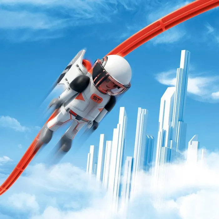 Playmobil Sky Trails - Personnage Sky Rider avec circuit aerien de 8 pieces - Jouet de construction a partir de 7 ans