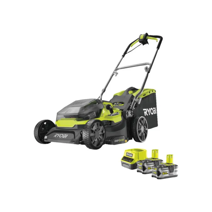 Ryobi - Tondeuse hybride 36V ONE+, coupe 37 cm, éjection mulching, max 70 mm, avec 2 batteries 5 Ah et chargeur rapide, modèle RY18LMH37A-250 Ryobi - Tondeuse hybride 36V ONE+, coupe 37 cm, éjection mulching, max 70 mm, avec 2 batteries 5 Ah et chargeur rapide, modèle RY18LMH37A-250