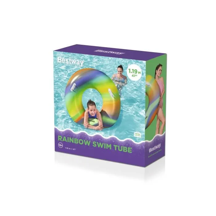 Bestway Bouée gonflable Rainbow pour enfants - Diamètre 119 cm - Multicolore - À partir de 6 ans - Avec poignées - Pour piscine et plage