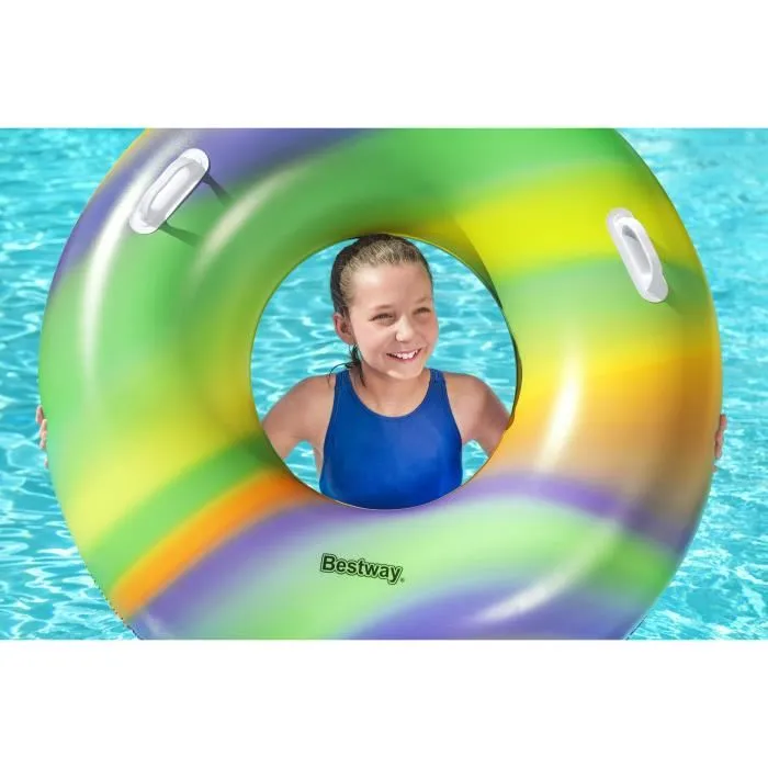 Bestway Bouée gonflable Rainbow pour enfants - Diamètre 119 cm - Multicolore - À partir de 6 ans - Avec poignées - Pour piscine et plage