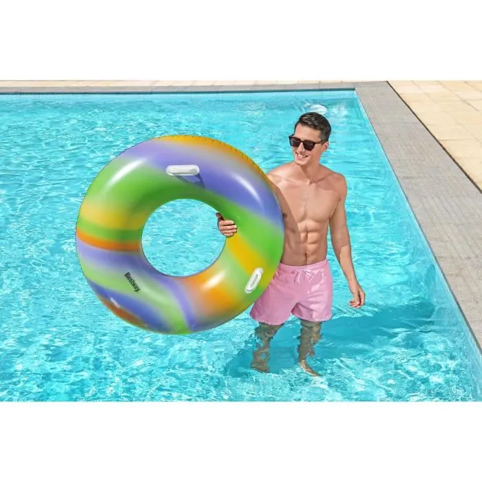 Bestway Bouée gonflable Rainbow pour enfants - Diamètre 119 cm - Multicolore - À partir de 6 ans - Avec poignées - Pour piscine et plage