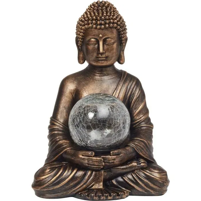 Smart Garden Décoration de jardin zen avec statue de Buddha et globe solaire en verre craquelé 12 cm, 10 LED blanc chaud, résine 35x26x23 cm, charge solaire pour patio, pelouse