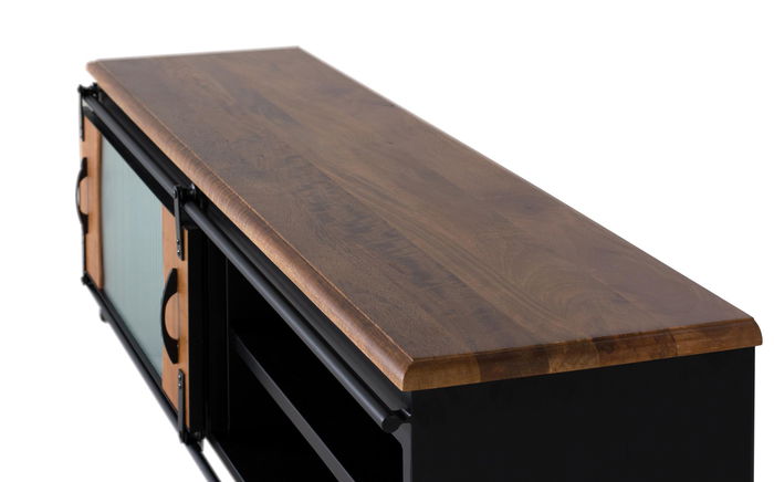 GINER Y COLOMER - Meuble TV industriel en bois de manguier et métal, 1 porte coulissante, couleur naturel et noir, 160x50x40 cm GINER Y COLOMER - Meuble TV industriel en bois de manguier et métal, 1 porte coulissante, couleur naturel et noir, 160x50x40 cm