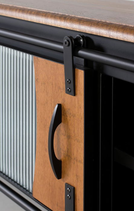 GINER Y COLOMER - Meuble TV industriel en bois de manguier et métal, 1 porte coulissante, couleur naturel et noir, 160x50x40 cm GINER Y COLOMER - Meuble TV industriel en bois de manguier et métal, 1 porte coulissante, couleur naturel et noir, 160x50x40 cm