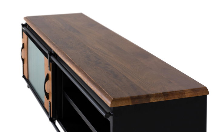 GINER Y COLOMER - Meuble TV industriel en bois de manguier et métal, 1 porte coulissante, couleur naturel et noir, 160x50x40 cm GINER Y COLOMER - Meuble TV industriel en bois de manguier et métal, 1 porte coulissante, couleur naturel et noir, 160x50x40 cm