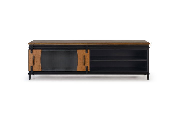 GINER Y COLOMER - Meuble TV industriel en bois de manguier et métal, 1 porte coulissante, couleur naturel et noir, 160x50x40 cm GINER Y COLOMER - Meuble TV industriel en bois de manguier et métal, 1 porte coulissante, couleur naturel et noir, 160x50x40 cm