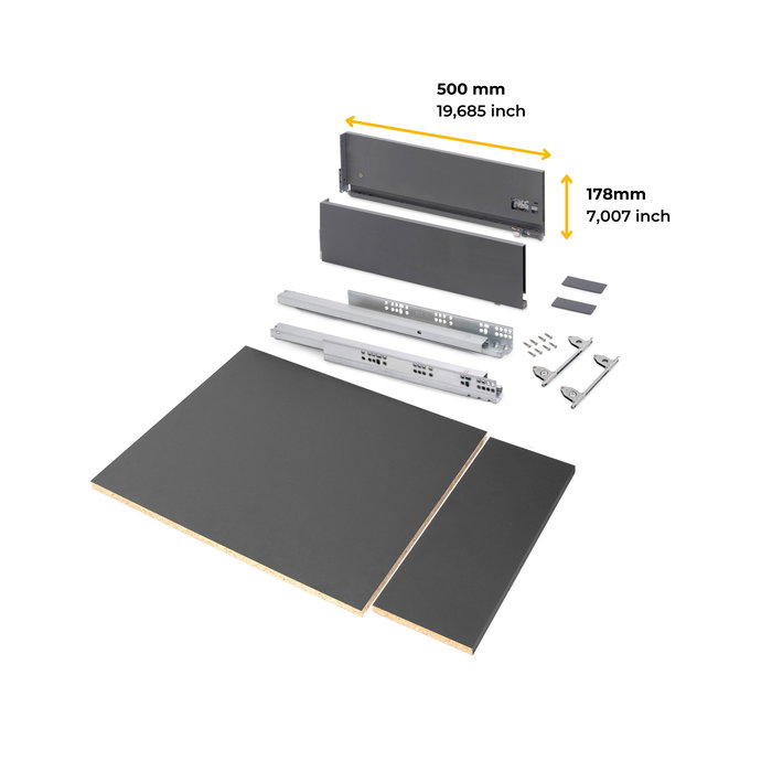 Emuca Kit de tiroirs pour cuisine ou salle de bains Vertex avec réglages 3D, hauteur 178mm, avec panneaux inclus, module 450mm, Gris antracite
