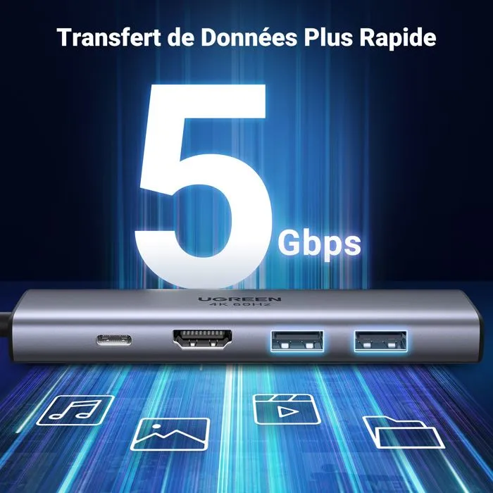 UGREEN Adaptateur USB-C multifonction avec PD - Hub USB-C, gris - Connecteur pour ordinateur portable et appareils USB-C