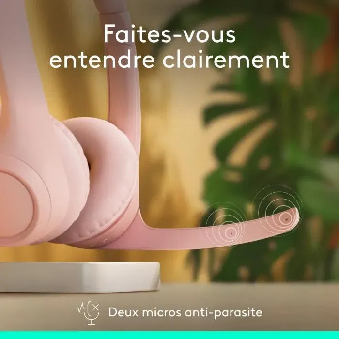 Logitech Zone 300 - Casque sans fil Bluetooth anti-parasite avec double micro Beamforming, autonomie 20h - Rose