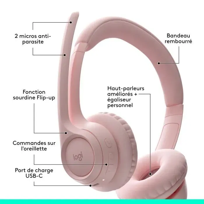 Logitech Zone 300 - Casque sans fil Bluetooth anti-parasite avec double micro Beamforming, autonomie 20h - Rose