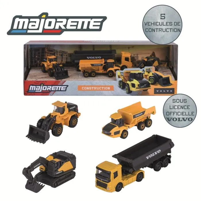 Majorette - Coffret Cadeau Majo Construction 5 Véhicules Volvo (1/64) - Pelleteuse, Chargeuse, Dumper, Camion Bénne avec Remorque - Jouet Enfant dès 3 Ans