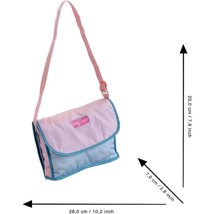 Klein Princess Coralie Sac à langer pour poupée, avec 7 accessoires de puériculture : peigne, brosse, biberon, crème, talc et couche, bandoulière
