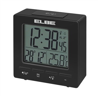 ELBE RD-005-N Réveil de voyage avec thermomètre, écran LCD rétroéclairé 6,5 cm, fonction snooze, alarme double, noir