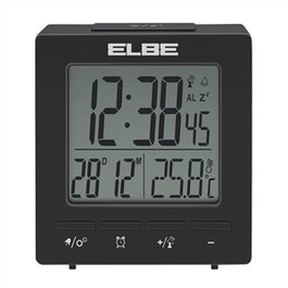 ELBE RD-005-N Réveil de voyage avec thermomètre, écran LCD rétroéclairé 6,5 cm, fonction snooze, alarme double, noir