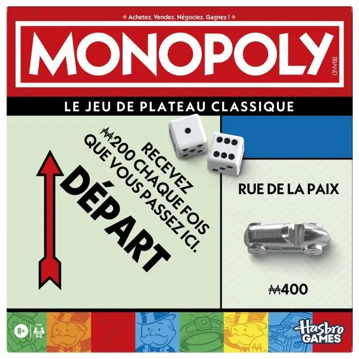 Monopoly Classique - Jeu de société de plateau avec boîte de rangement et pions grand format - Version française - 2 à 6 joueurs - À partir de 8 ans Monopoly Classique - Jeu de société de plateau avec boîte de rangement et pions grand format - Version française - 2 à 6 joueurs - À partir de 8 ans