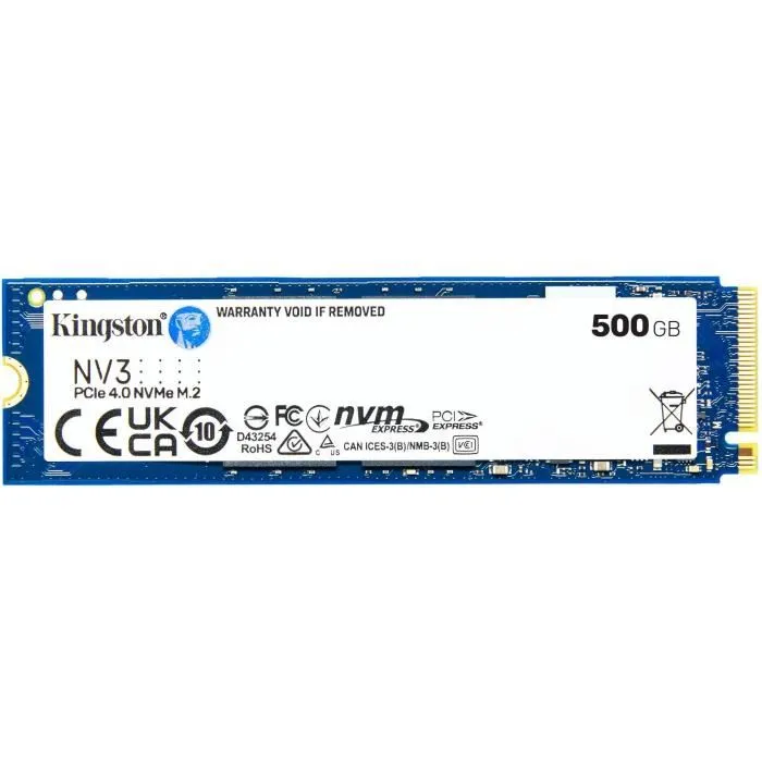 Kingston NV3 SSD interne 500 Go, PCIe 4.0 NVMe M.2 2280, jusqu'à 6000 Mo/s lecture, 5000 Mo/s écriture, pour PC et console portable Kingston NV3 SSD interne 500 Go, PCIe 4.0 NVMe M.2 2280, jusqu'à 6000 Mo/s lecture, 5000 Mo/s écriture, pour PC et console portable