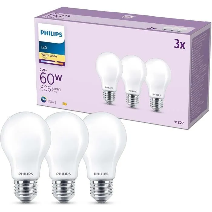 Philips Ampoule LED Classic A60 E27 60 W Équivalent, Blanc Chaud, Non Dimmable, Lot de 3