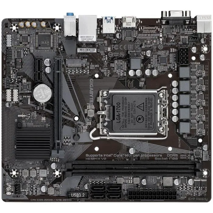 Gigabyte Carte mère H610M H V2 - Socket LGA 1700, Intel H610, DDR5 (jusqu'à 96 Go), M.2 NVMe, USB 3.2, HD Graphics