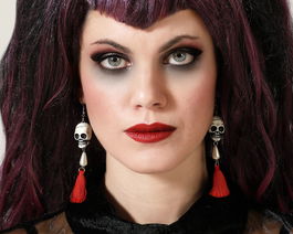 Pendientes Largos Calavera, Perles et Pompons Rouges, Boucles d'Oreilles pour Déguisement Catrina, Halloween et Événements