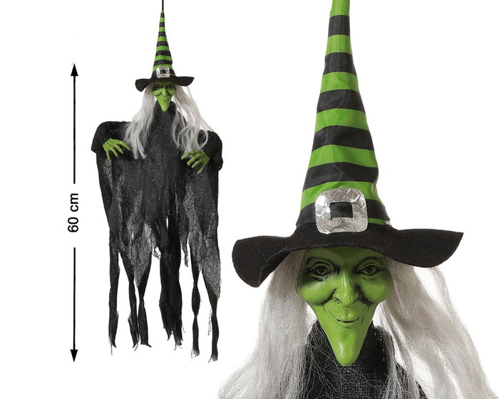 Figura Bruja Colgante verte 60 cm avec chapeau rayé - Décor Halloween Figura Bruja Colgante verte 60 cm avec chapeau rayé - Décor Halloween