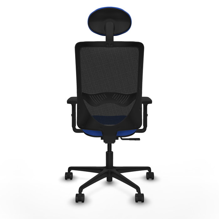 Chaise Zulema Synchro 3 positions tissu Bleu Maille Noir Base en nylon noir Accoudoir 2D Appui-tête Roulettes 65mm nylon