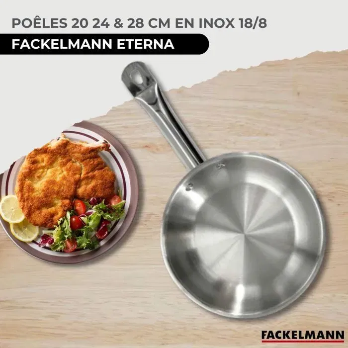 Fackelmann Eterna - Set de 3 poêles inox 18/8 Ø 20, 24, 28 cm - Compatible induction & four - Batterie de cuisine complète avec manche inox riveté
