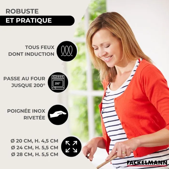Fackelmann Eterna - Set de 3 poêles inox 18/8 Ø 20, 24, 28 cm - Compatible induction & four - Batterie de cuisine complète avec manche inox riveté