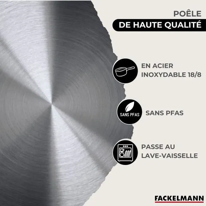 Fackelmann Eterna - Set de 3 poêles inox 18/8 Ø 20, 24, 28 cm - Compatible induction & four - Batterie de cuisine complète avec manche inox riveté
